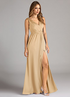 Azazie Tanicia Bridesmaid Dresses Gold A-Line Pleated Stretch Satin Dress image4