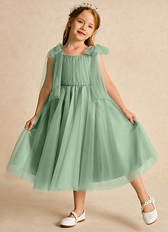 Azazie Dori Flower Girl Dresses Matcha A-Line Ruched Tulle Dress image4