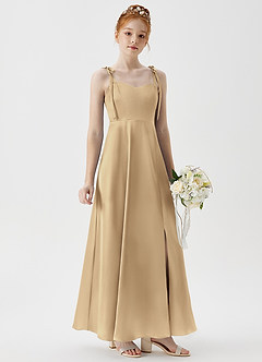 Azazie Rosey Junior A-Linie Herzausschnitt Metallischer Satin Kleid Champagner image4