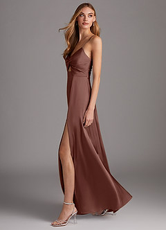 Azazie Jenna Bridesmaid Dresses Espresso A-Line Pleated Stretch Satin Dress image3