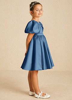 Azazie Muffin Jurken voor bloemenmeisjes A-Lijn Jurk van Mat Satijn met Mouwen Schemering image3