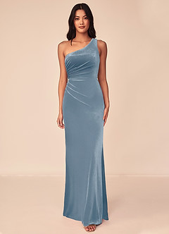 Azazie Argan Bridesmaid Dresses Dusty Blue A-Line One Shoulder Pleated Velvet Dress image1