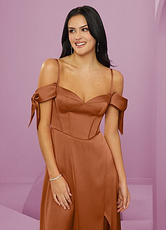 Barbie ♥ Azazie Bridesmaid Dresses Copper A-Line Off the Shoulder Stretch Satin Dress image12