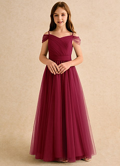 Azazie Yuna Girls Formal Abiti da Ragazza di Fiori Abito A-Line in Tulle a Spalla Scoperta Borgogna image4