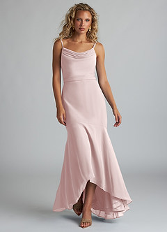 Azazie Summer Bridesmaid Dresses Blushing Pink Mermaid Scoop Cowl Chiffon Dress image4