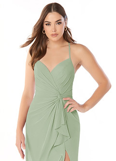 Azazie Aribella At-home Try On Dresses Dusty Blue Sheath Ruched Chiffon Dress image5