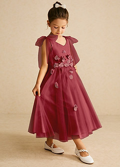 Azazie Minia Flower Girl Dresses Pomegranate A-Line Bow Matte Satin Dress image3