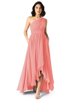 Azazie Mathilda Bridesmaid Dresses Coral A-Line One Shoulder Chiffon Dress image1