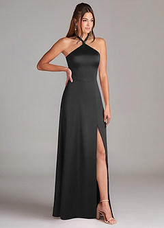 Azazie Elliana Bridesmaid Dresses Black A-Line Side Slit Stretch Satin Dress image3