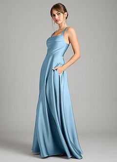Azazie Shaude Bridesmaid Dresses Steel Blue A-Line Pleated Stretch Satin Dress image10