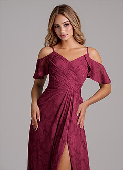 Azazie Dakota Bridesmaid Dresses Burgundy A-Line Off the Shoulder Floral Burnout Dress image3