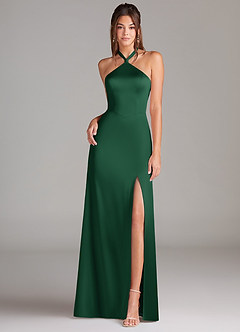 Azazie Elliana Vestidos de damas de honor Vestido de Verde Oscuro de Satén Elástico de Corte en A con Corte Lateral image4