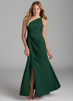Azazie Mika Junior Robe Trapèze en Satin extensible Plissée Vert Foncé image1