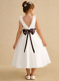 Azazie Amber Robe Demoiselle D'honneur Fillette Robe Trapèze en Tulle Arc Ivoire Ganache image1