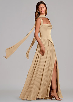 Azazie Stephanie Abiti da Damigella Abito A-Line in Raso Elasticizzato Plissettato Champagne image3