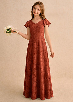 Azazie Narin Girls Formal Flower Girl Dresses Auburn A-Line with Sleeves Floral Burnout Dress image1