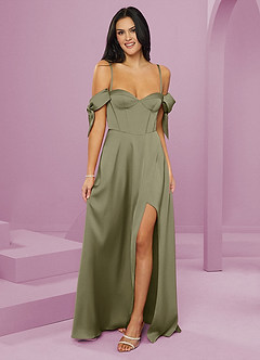 Barbie ♥ Azazie Bridesmaid Dresses Pistachio A-Line Off the Shoulder Stretch Satin Dress image6