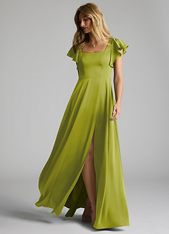 Azazie Bondi Bridesmaid Dresses Lemongrass A-Line Bow Stretch Satin Dress image6
