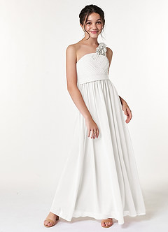 Azazie Flower Junior Robe Trapèze en Mousseline de soie Plissée Blanc image3