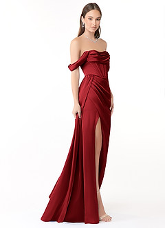 Azazie Amyra Jurken voor bruidsmeisjes Converteerbaar Jurk van Stretch Satijn met Zeemeermin Off-shoulder Scharlaken image4