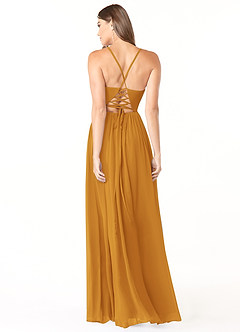 Azazie Aaida Robes de demoiselle d'honneur Robe Trapèze en Mousseline de soie Corset Caramel écossais image2