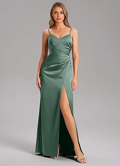 Azazie Azuree At-home Try On Dresses Dusty Sage A-Line Pleated Stretch Satin Dress image6