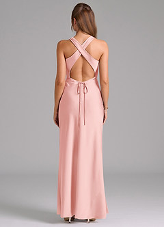 Azazie Evadne 신부 들러리 드레스 쉬스 주름진 스트레치 새틴 바닥 길이 드레스 image2