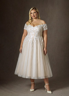 Azazie Rowe Abiti da Sposa Abito A-Line in Pizzo a Spalla Scoperta Bianco Diamante Champagne image4