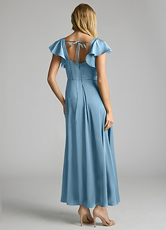 Azazie Bondi Bridesmaid Dresses Steel Blue A-Line Ruched Stretch Satin Dress image3