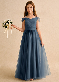 Azazie Yuna Girls Formal Robe Demoiselle D'honneur Fillette Robe Trapèze en Tulle Épaule décolletée Neptune image3
