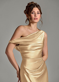 Azazie Emerson Bridesmaid Dresses Champagne Mermaid Off the Shoulder Metallic Satin Dress image7