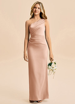 Azazie Akilah Junior Robe Fourreau en Satin extensible Plissée Or Rose image1