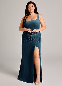 Azazie Mero Bridesmaid Dresses Blue Topaz Mermaid Pleated Velvet Dress image11