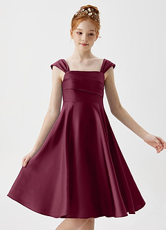 Azazie Amira Junior A라인 주름진 스트레치 새틴 미니 주니어 신부 들러리 드레스 image3