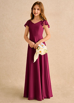 Azazie Nari Girls Formal Robe Demoiselle D'honneur Fillette Robe Trapèze en Mousseline de soie avec manches Bourgogne image3