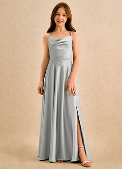 Azazie Coconut Girls Formal Robe Demoiselle D'honneur Fillette Robe Trapèze en Satin extensible Plissée Argent image4
