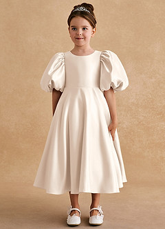 Azazie Sugarplum Flower Girl Dresses White Alabaster A-Line with Sleeves Matte Satin Dress image3