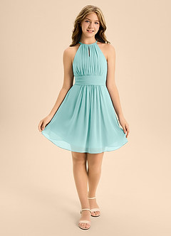 Azazie Bonnie Junior Aqua A-Line Pleated Chiffon Dress image1