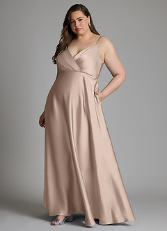 Azazie Amani At-home Try On Dresses Dusty Blue A-Line Pleated Stretch Satin Dress image10