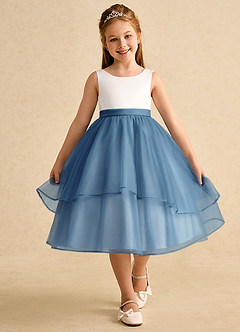 Azazie Rene Flower Girl Dresses Ivory Steel Blue A-Line Bow Tulle Dress image4