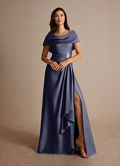 Azazie Branford Mère de la mariée Robes Robe Trapèze en Satin extensible Plissé Bleu Orageux image7