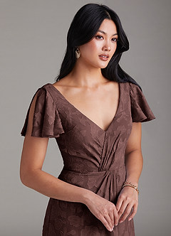 Azazie Soren Jurken voor bruidsmeisjes Jurk van Bloemen Burn-out met A-Lijn Geplooid Espresso image6