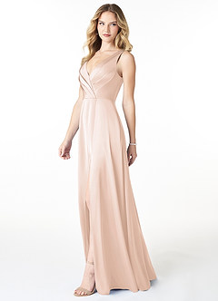 Azazie Nelly Bridesmaid Dresses Blushing Pink A-Line V-Neck Pleated Stretch Satin Dress image3