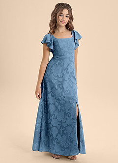 Azazie Bondi Junior Steel Blue A-Line Bow Floral Burnout Dress image6