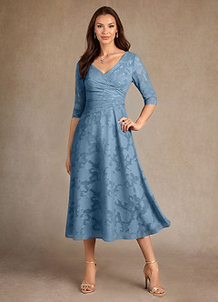 Azazie Durant Mother of the Bride Dresses Steel Blue A-Line Pleated Floral Burnout Dress image4