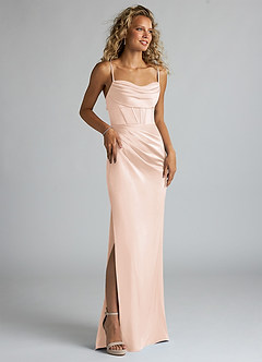 Azazie Mai Bridesmaid Dresses Blushing Pink Sheath Pleated Stretch Satin Dress image3