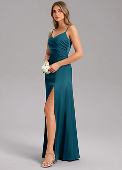 Azazie Azuree Bridesmaid Dresses Ink Blue A-Line Pleated Stretch Satin Dress image4