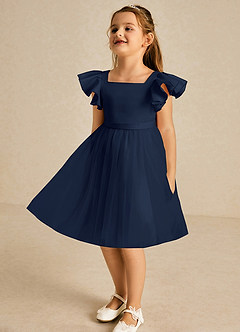 Azazie Kaeya Flower Girl Dresses Dark Navy A-Line Bow Tulle Dress image4