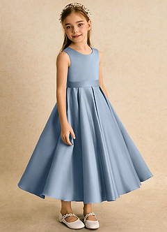 Azazie Junebuj Flower Girl Dresses Dusty Blue Ball-Gown Pleated Matte Satin Dress image5