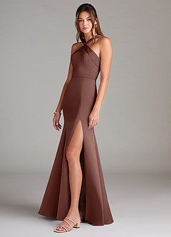 Azazie Rue Bridesmaid Dresses Espresso A-Line Pleated Stretch Satin Dress image5